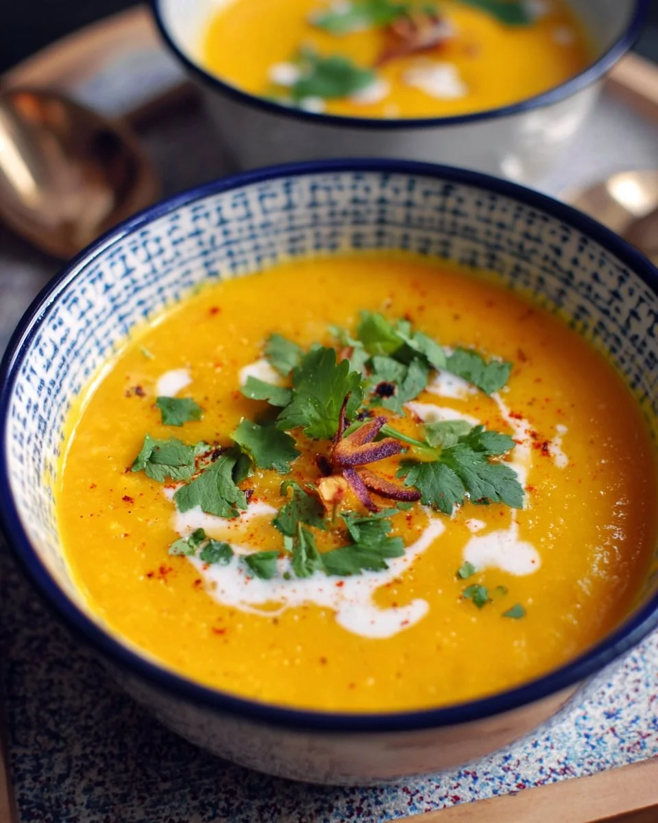 Soupe de carottes onctueuse au lait de coco dans un bol.
