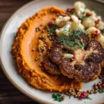 Steak de chou-fleur vegan servi avec une purée de patate douce dans une assiette