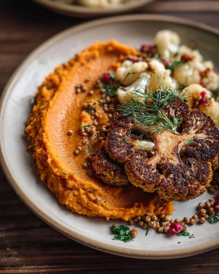 Steak de chou-fleur vegan servi avec une purée de patate douce dans une assiette