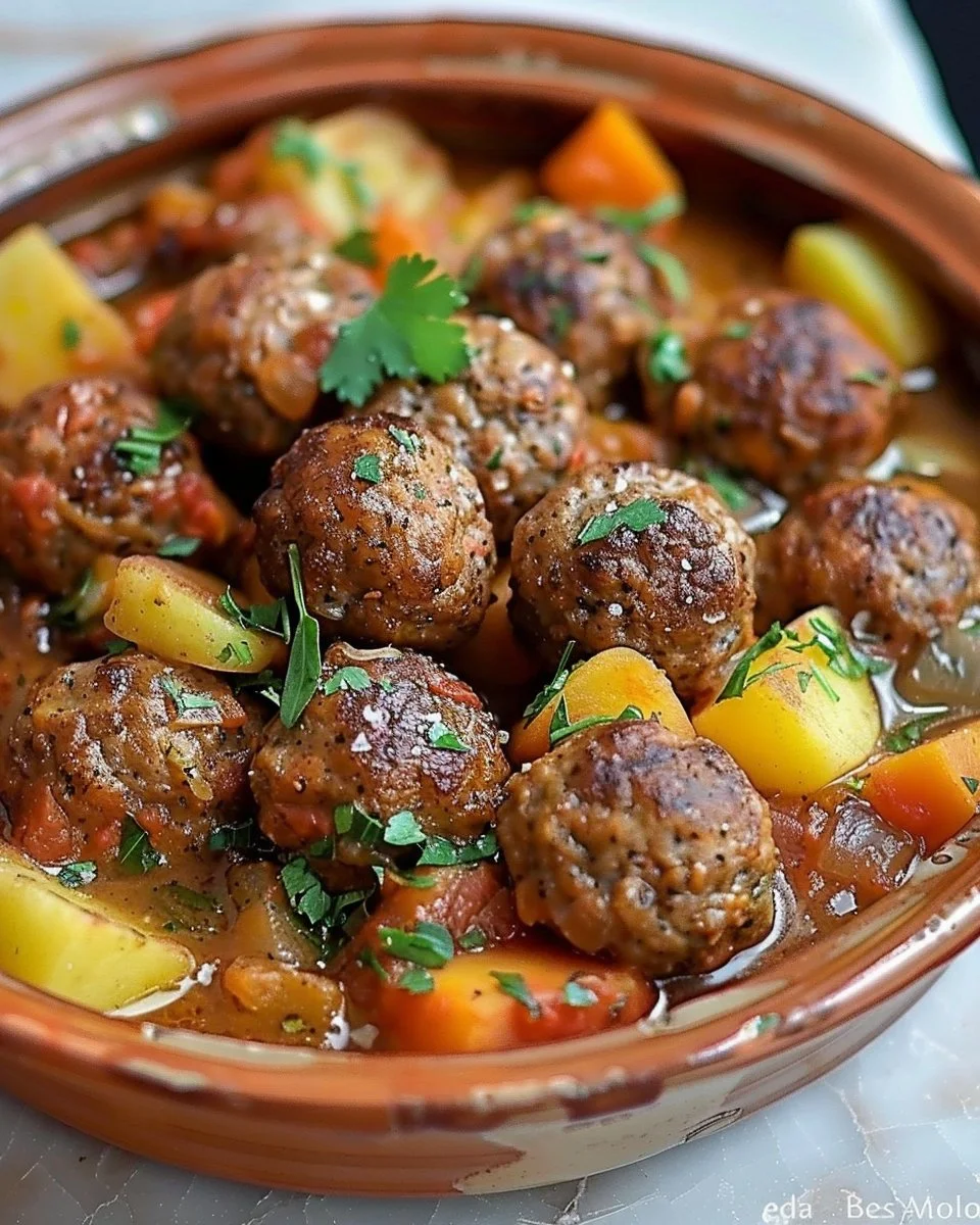Tajine boulettes de viande et pommes de terre prêt à être servi dans un plat