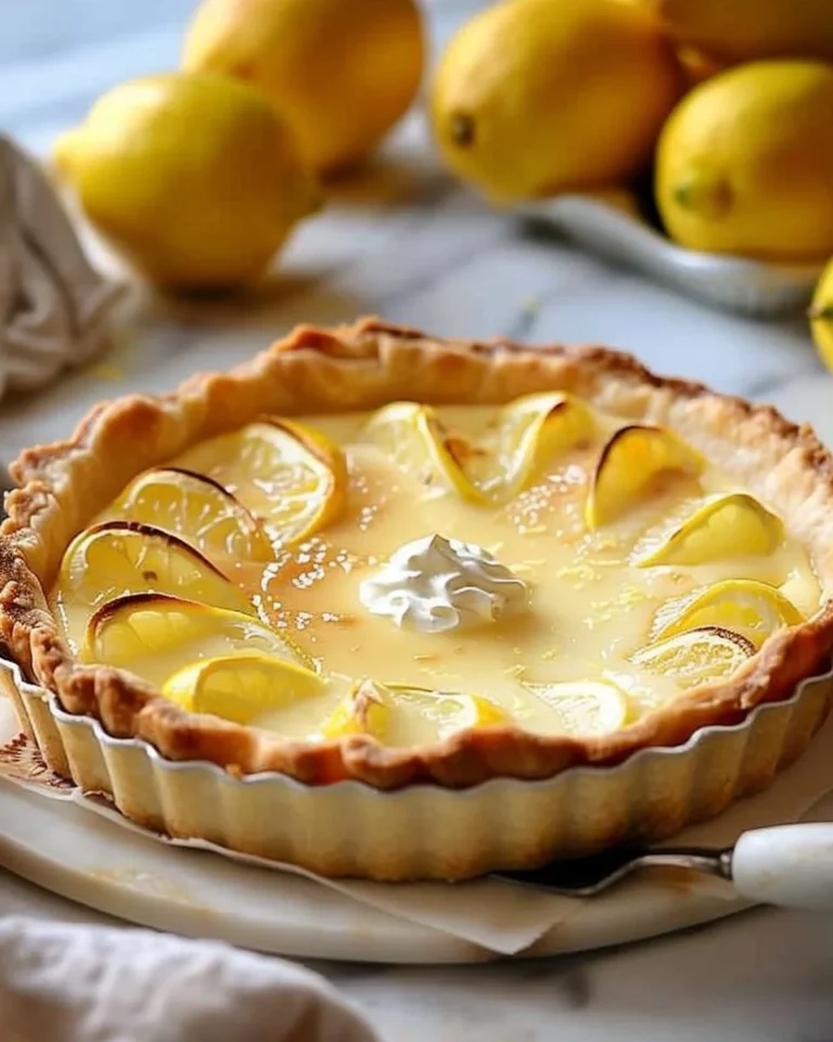 Tarte crémeuse au citron avec une croûte dorée et garniture citronnée