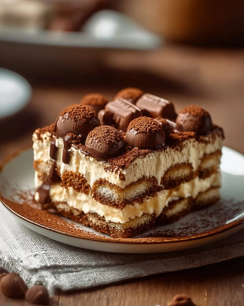 Tiramisu Kinder Bueno avec chocolat et café décoré de Kinder Bueno