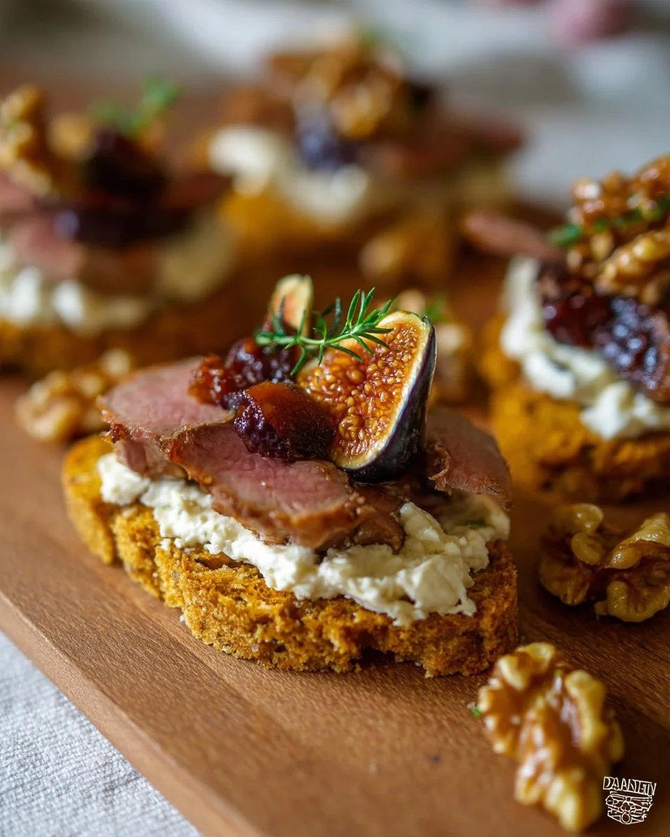 Toast de pain d'épices avec magret, noix caramélisées et fromage figue-noix