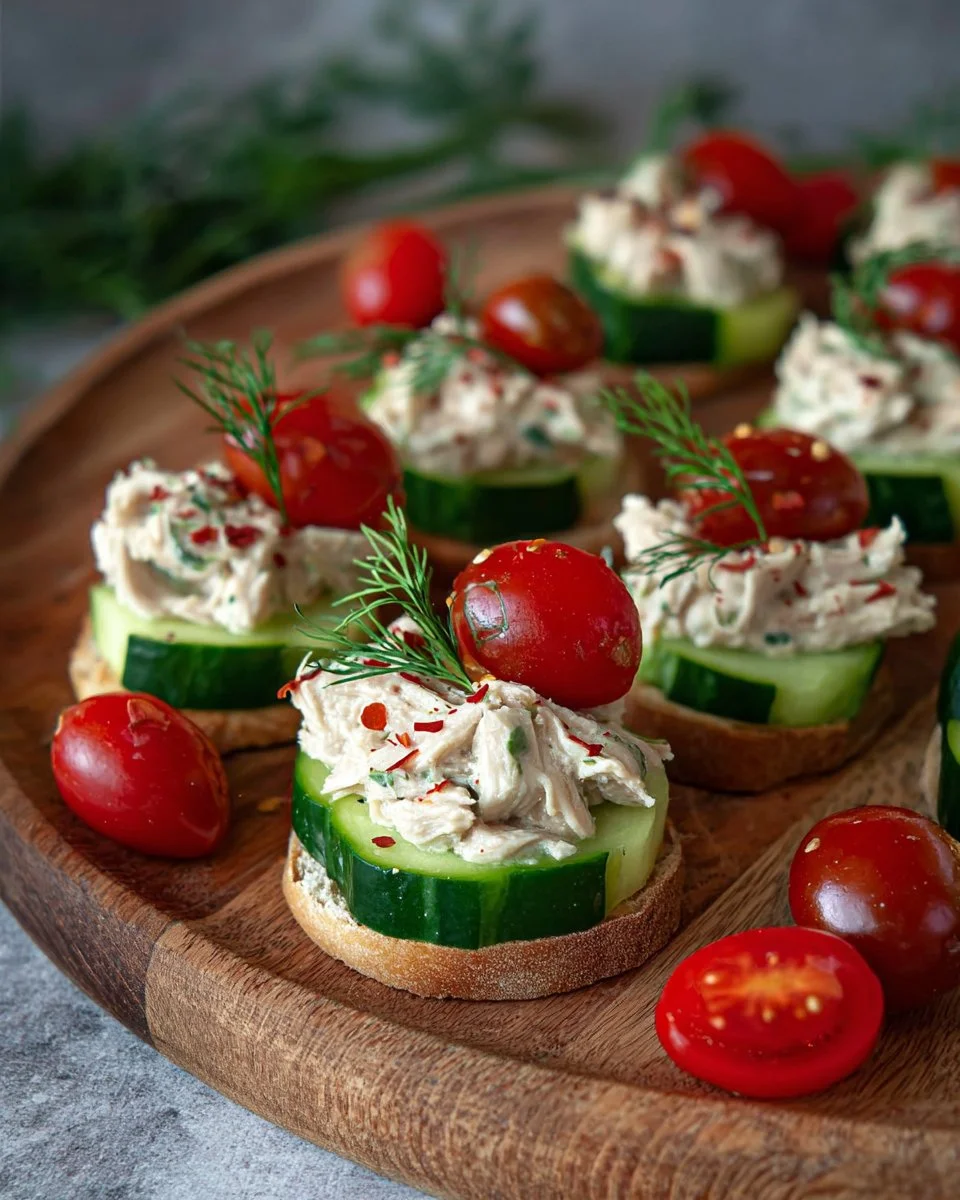 Toasts de concombre au thon et tomates cerises, plat apéritif rapide et frais.