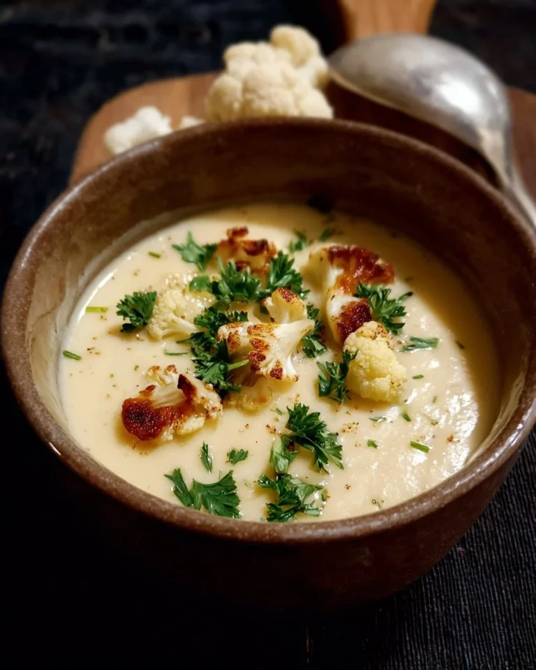 Bol de velouté de chou-fleur crémeux, garniture de persil frais.