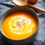 Velouté de patate douce et carotte crémeux au lait de coco dans un bol.