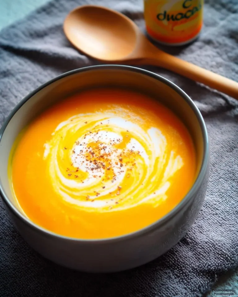 Velouté de patate douce et carotte crémeux au lait de coco dans un bol.