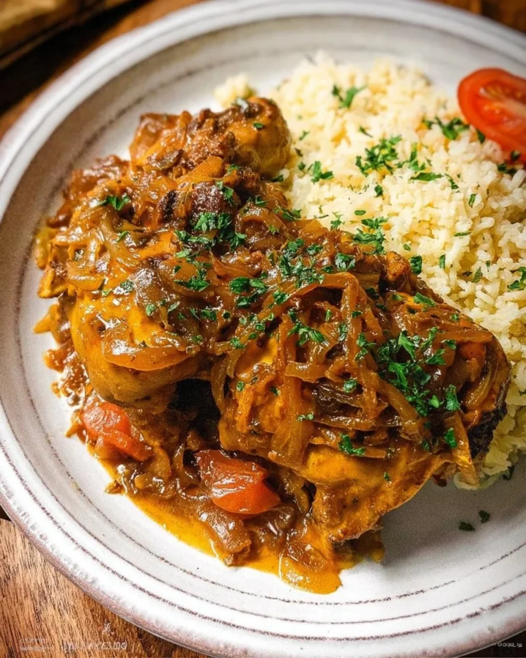 Plat savoureux de yassa poulet, recette sénégalaise épicée avec oignons et citron.