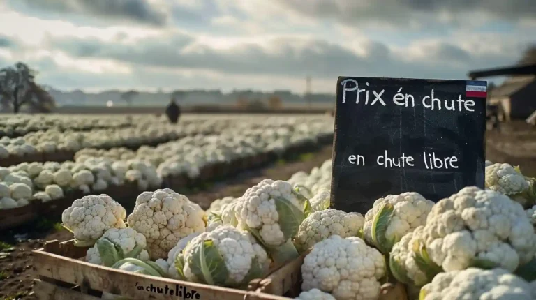 Champ de choux-fleurs en Bretagne en 2025 avec des cagettes remplies et un panneau Prix en chute libre illustrant la crise de surproduction et la baisse des prix du chou-fleur.