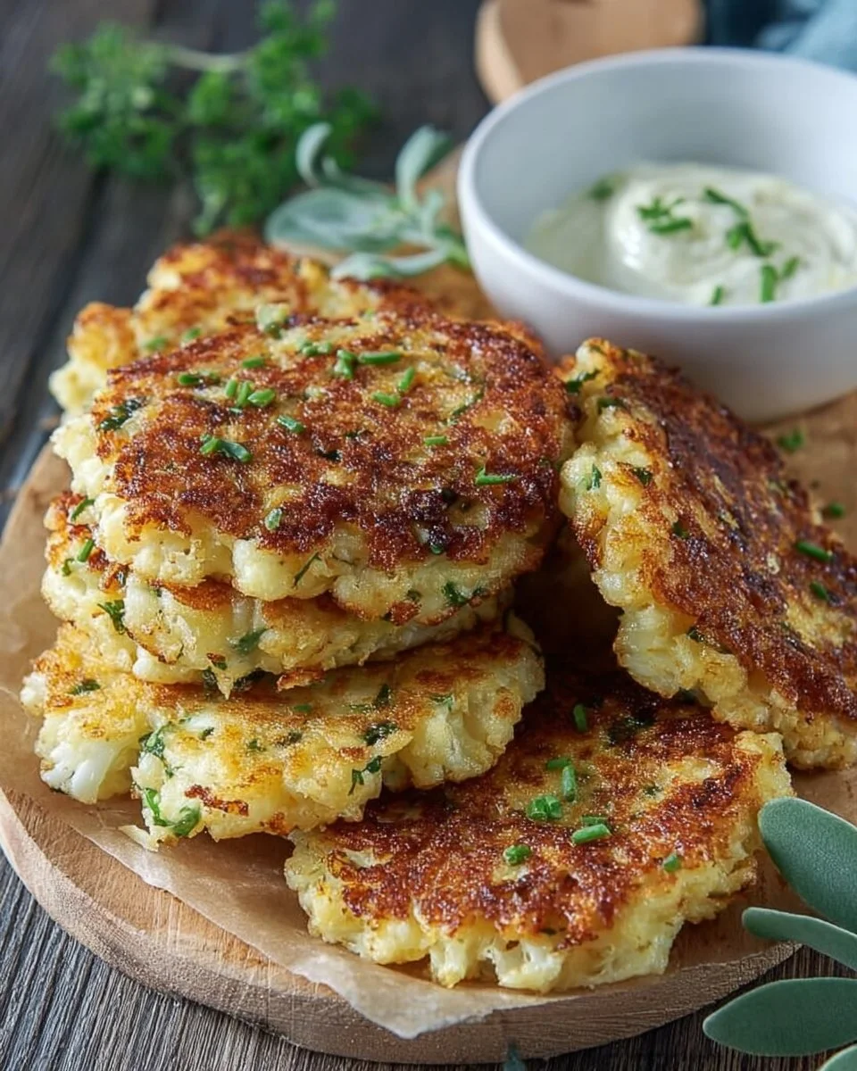 Galettes de chou-fleur servies avec une sauce