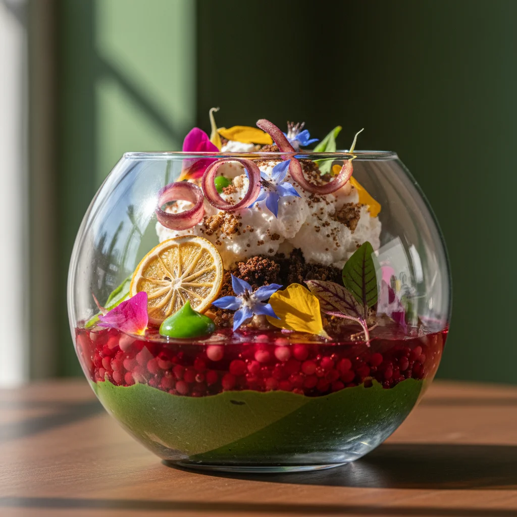 Dessert tendance 2026 : innovation sucrée et ingrédients durables Dessert innovant tendances 2026 avec ingrédients durables et textures créatives en gros plan détaillé