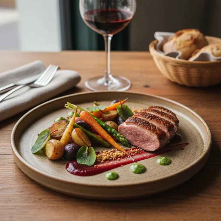 Plat raffiné restaurant Bib Gourmand Guide Michelin 2026 avec légumes de saison et sauce gastronomique