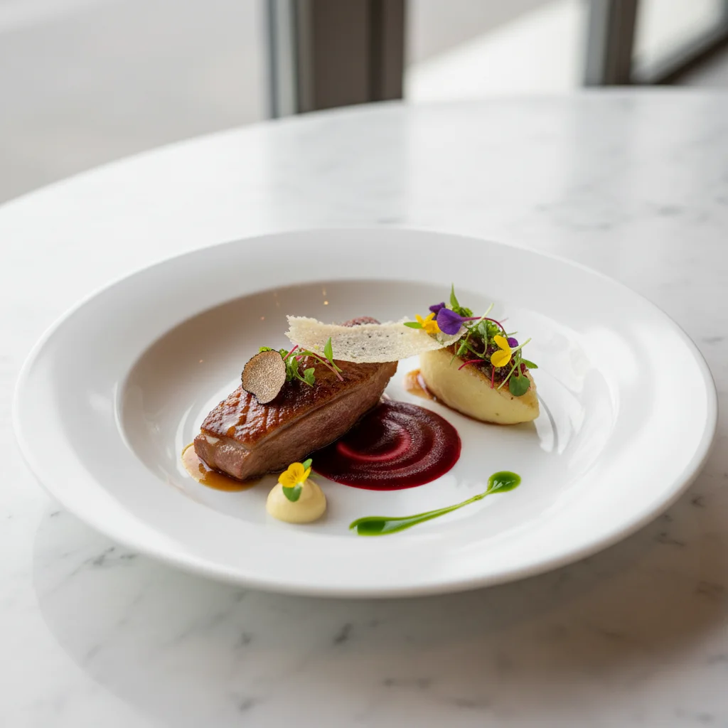 Plat gastronomique français moderne tendances cuisine 2026 dressage innovant