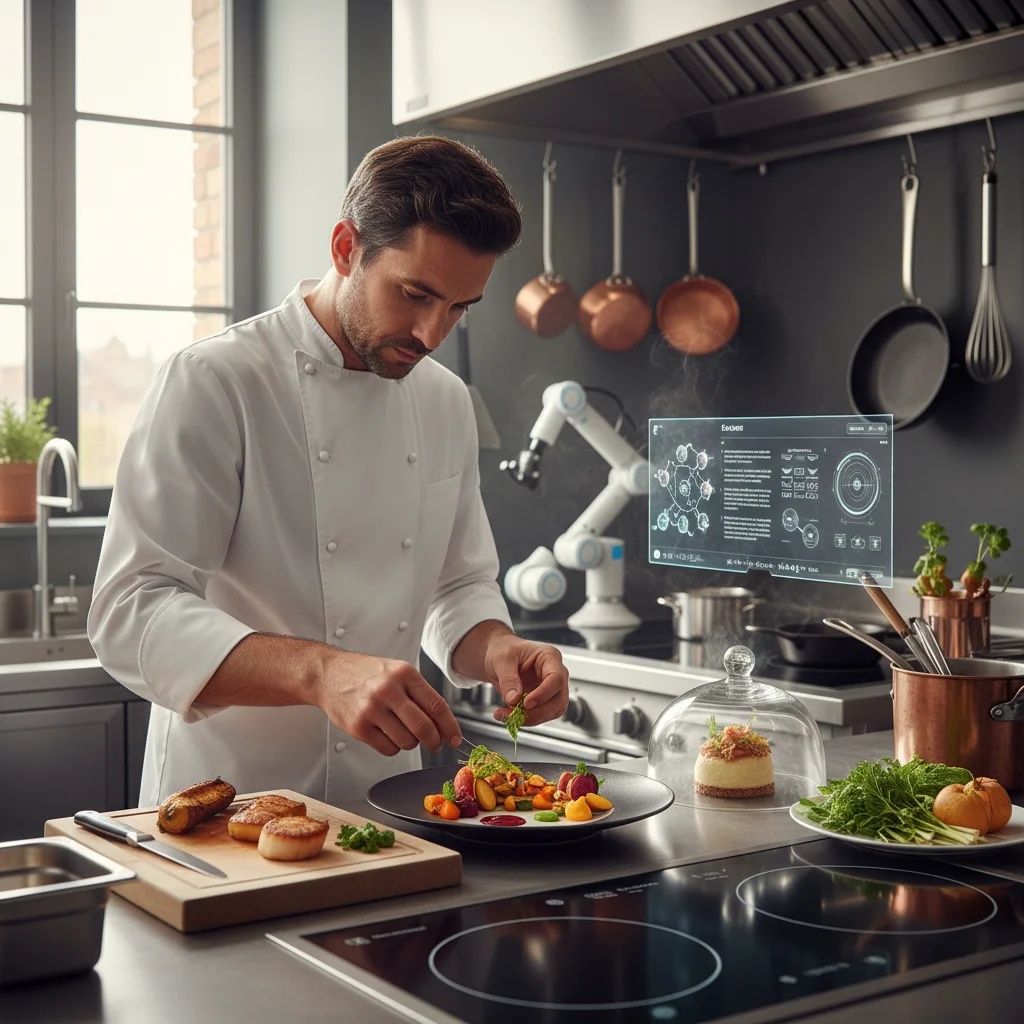 Chef français utilisant technologie cuisine intelligente tendances culinaires 2026