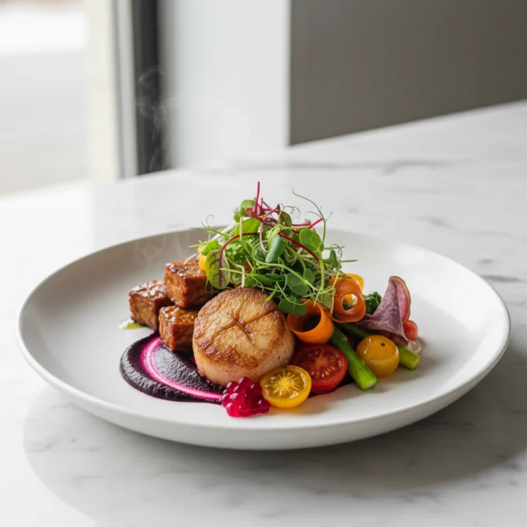 Plat fusion tendances cuisine 2026 avec protéines végétales et fermentation sur assiette blanche moderne