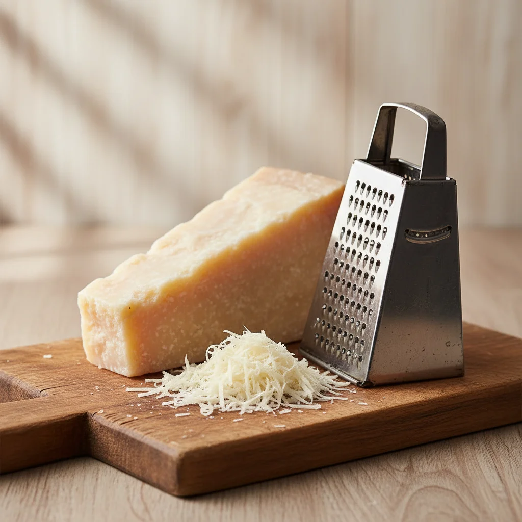 Parmesan entier et râpé sur planche bois avec râpe fromage - méthode conservation Julie Andrieu
