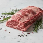 Côte de bœuf maturée crue avec persillage visible, qualité boucherie premium sur marbre blanc