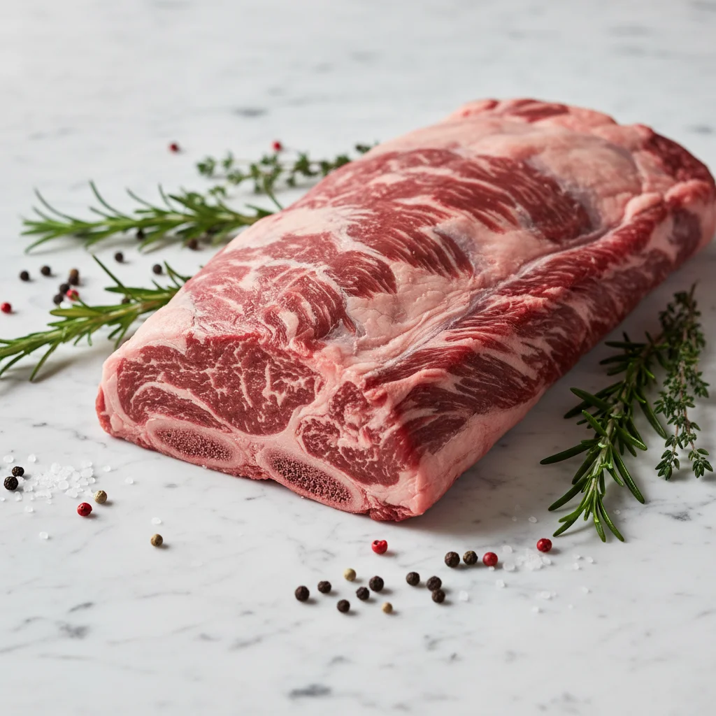 Côte de bœuf maturée crue avec persillage visible, qualité boucherie premium sur marbre blanc