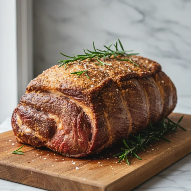 Côte de bœuf maturée grillée avec croûte dorée sur planche de bois, romarin et gros sel