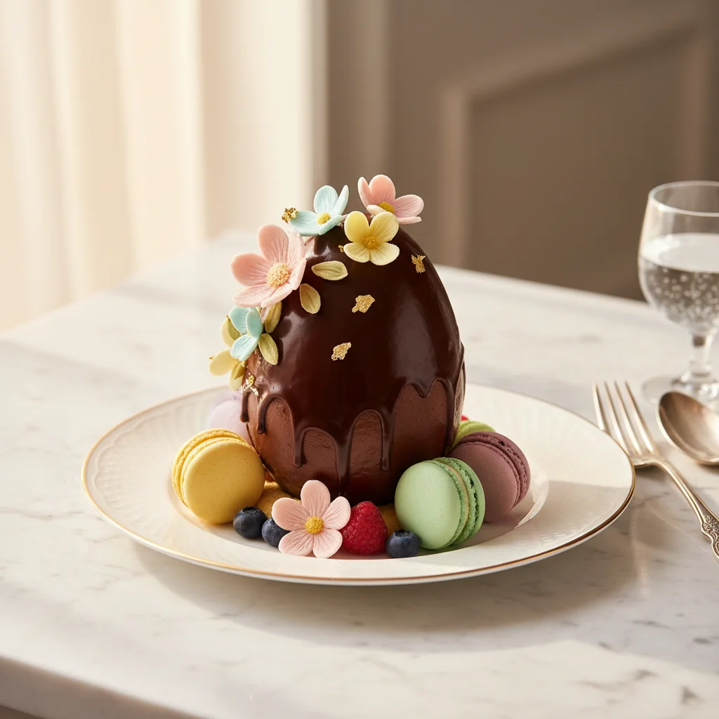 Dessert de Pâques 2025 - Gâteau chocolat et macarons Dessert de Pâques élégant : gâteau au chocolat décoré de fleurs en sucre et macarons colorés