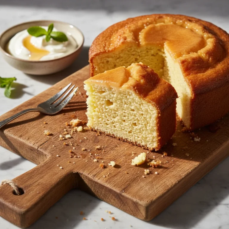 Gâteau au yaourt moelleux tranché montrant sa texture aérée et dorée sur planche bois