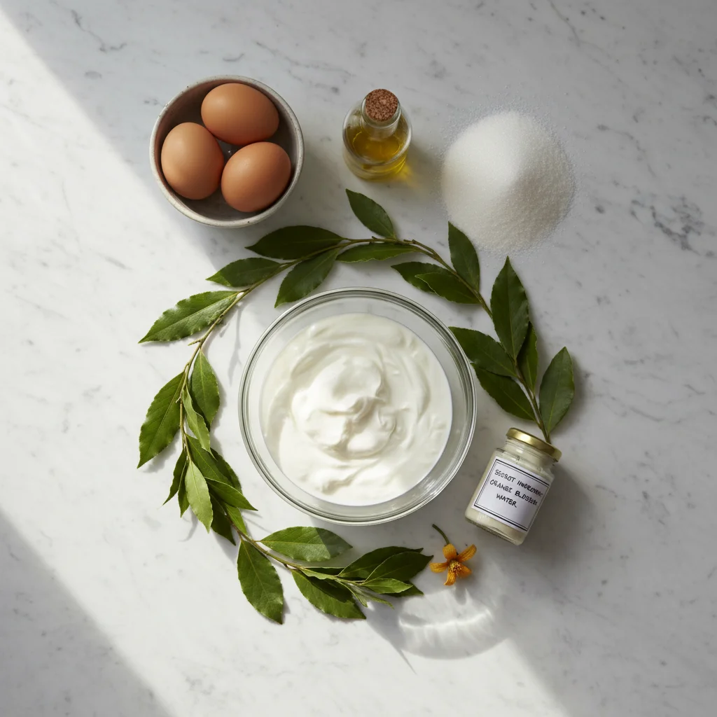 Ingrédients secrets gâteau yaourt moelleux - vue du dessus Ingrédients gâteau au yaourt disposés sur marbre blanc avec ingrédient secret des chefs