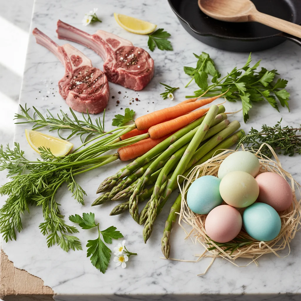 Ingrédients menu de Pâques - Légumes de printemps frais Ingrédients frais pour menu de Pâques : légumes de printemps, herbes et agneau sur marbre