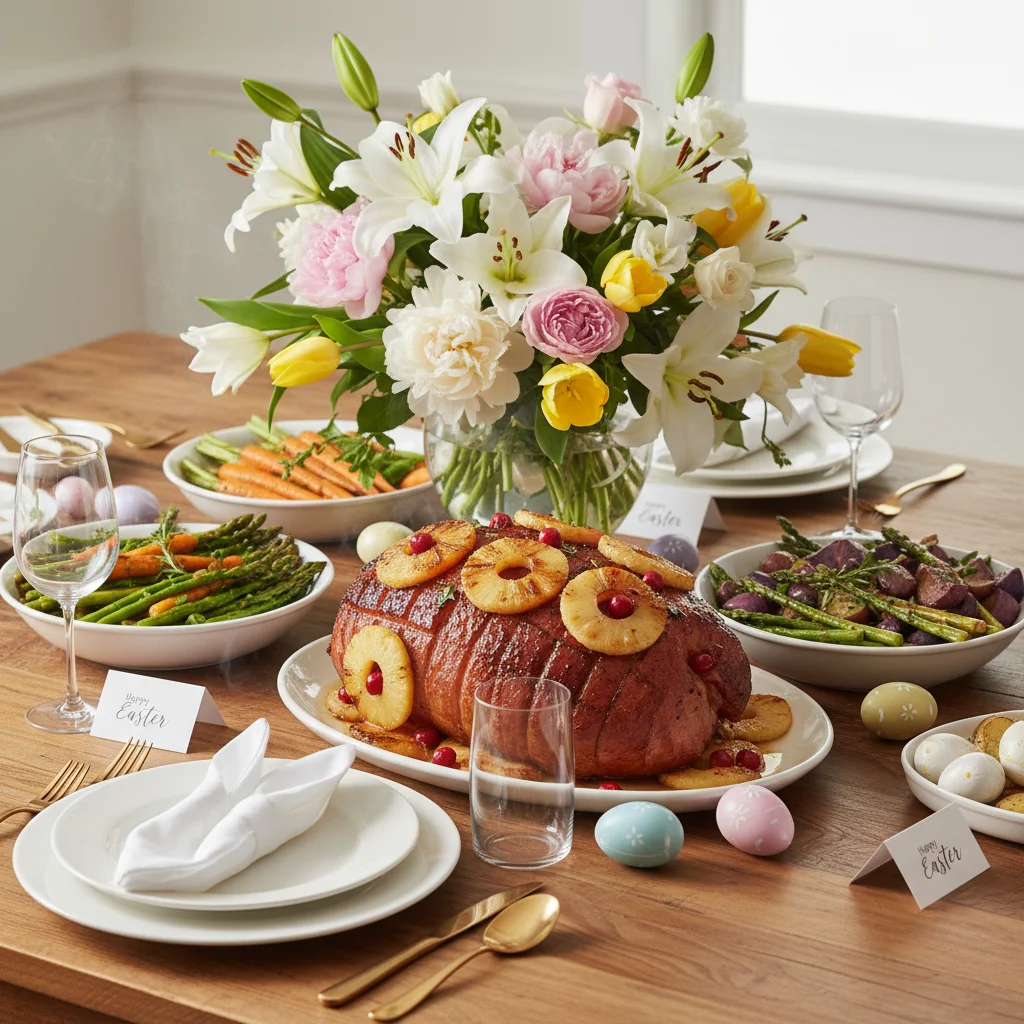 Menu de Pâques 2025 complet avec jambon glacé et légumes de printemps sur table élégante