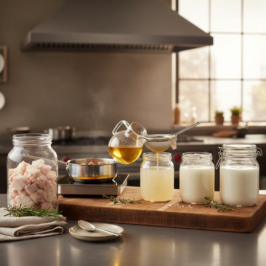 Processus complet de conservation de graisse de bœuf en plusieurs étapes dans la cuisine