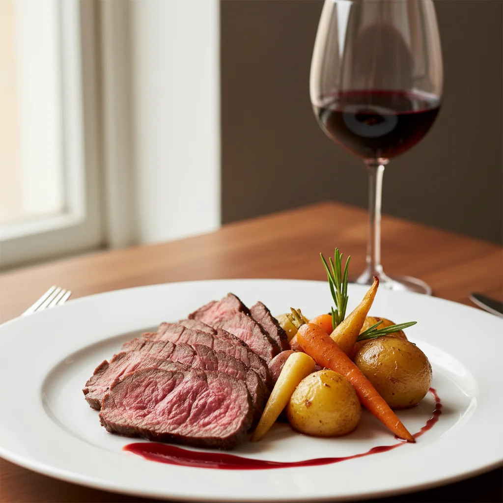 Tranches de côte de bœuf maturée saignante servies avec légumes rôtis et verre de vin rouge