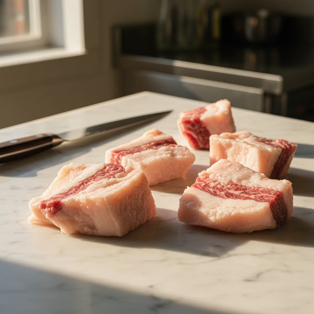 Morceaux de suif de bœuf cru avant transformation pour conservation longue durée